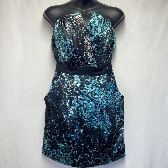 GUESS Satin Strapless Pleated V-Notched Mini Dress Women Size 6 Black Multicolor - Picture 1 of 16